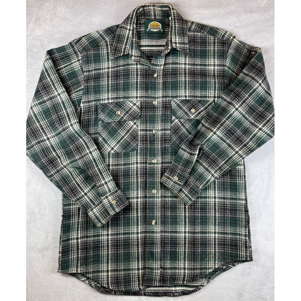 Vintage Cabelas Flannel Shirt Mens M Green Plaid‎ Hunting Hiking Camp Button Up